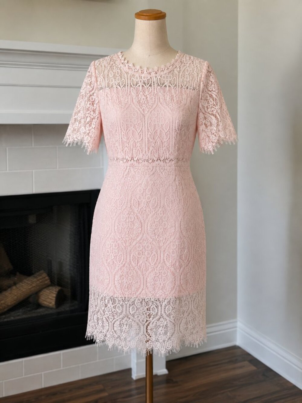Miami Blush Pink Lace Midi Dress Size L Elegant Sheath Cocktail Wedding